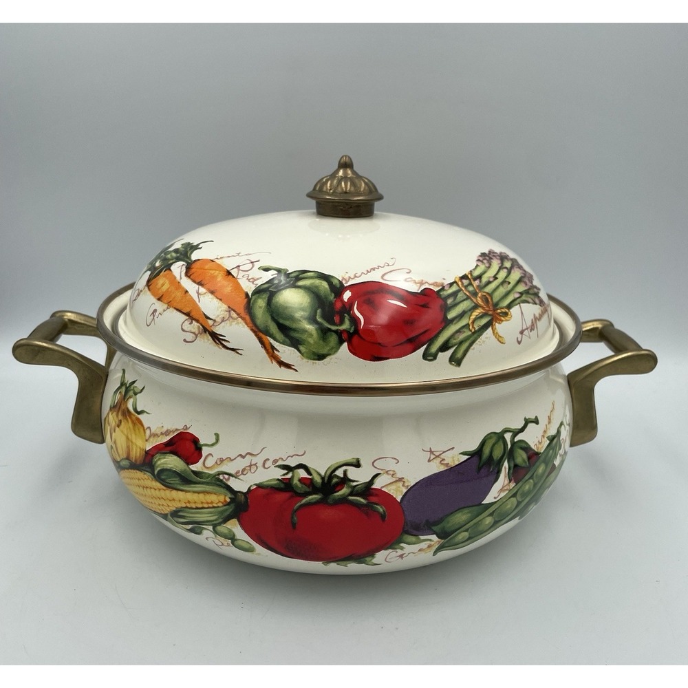 Vtg 3 Qt Farmers Market Enamel Ware Casserole Pot Brass Handles Vegetable Motif